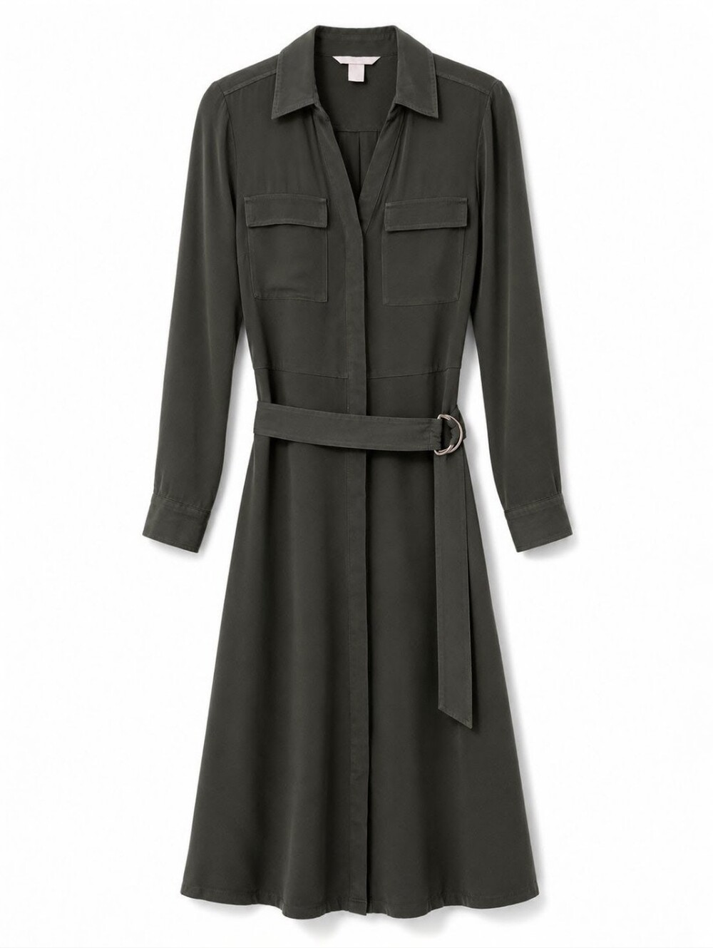 H&M Long Sleeve Belted Utility Midi Shirt Dress Olive S